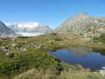 Le Bettmerhorn se ref&egrave;te dans le lac, et l'on aper&ccedil;oit le glacier d'Aletsch &agrave; gauche